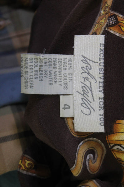 Lord & Taylor Womens Silk Collared Graphic Button Up Blouse Brown Size 4
