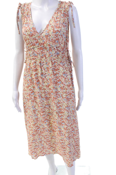 Rails Women Sundress Orange Floral V-Neck Sleeveless Drawstring Mid-Calf Size M
