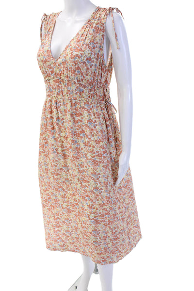 Rails Women Sundress Orange Floral V-Neck Sleeveless Drawstring Mid-Calf Size M
