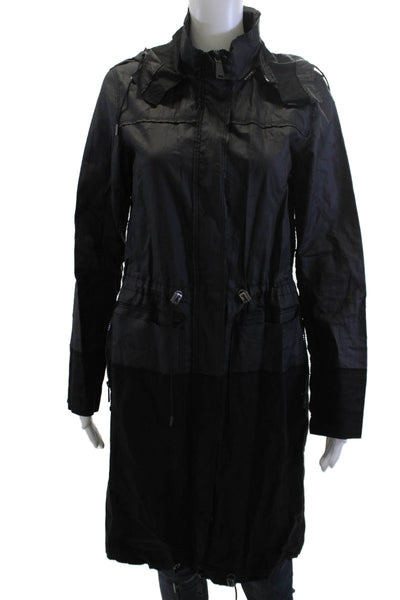 Elie Tahari Women Anorak Raincoat Black High Neck Drawstring Linen Blend Size S