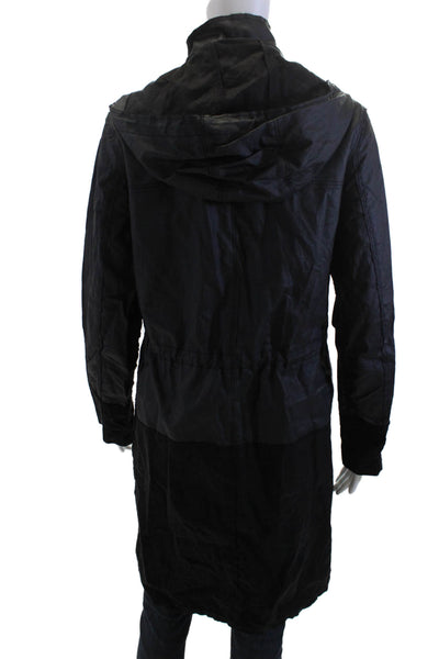 Elie Tahari Women Anorak Raincoat Black High Neck Drawstring Linen Blend Size S
