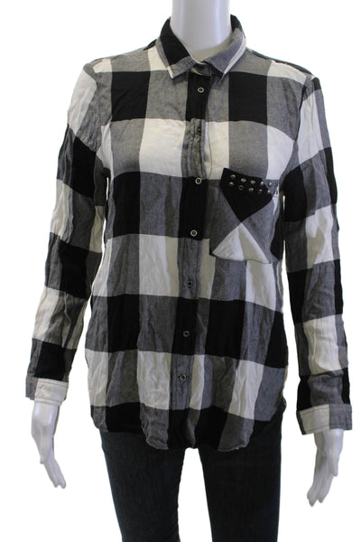 Zara Womens Checked Collared Button Up Blouse Black Viscose Long Sleeve Size M