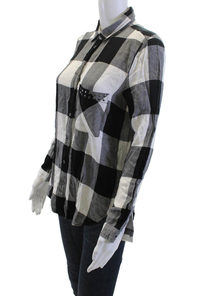 Zara Womens Checked Collared Button Up Blouse Black Viscose Long Sleeve Size M