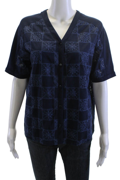 Leo & Ugo Women Dark Blue V-Neck Short Sleeve Geometric Viscose Top Size S