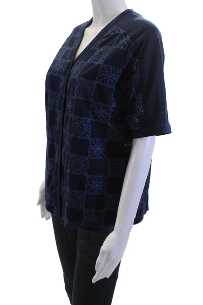 Leo & Ugo Women Dark Blue V-Neck Short Sleeve Geometric Viscose Top Size S