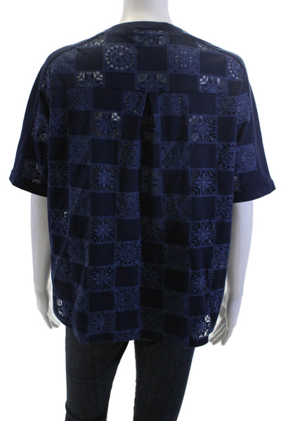 Leo & Ugo Women Dark Blue V-Neck Short Sleeve Geometric Viscose Top Size S