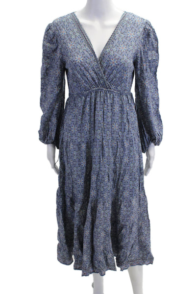 Max Studio Women Maxi Wrap Dress Blue Geometric V-Neck Long Sleeve Rayon Size S