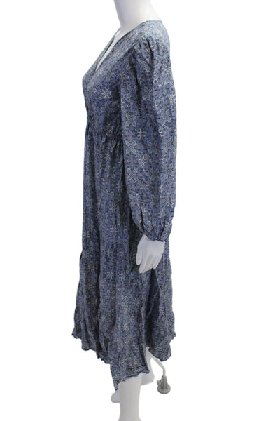Max Studio Women Maxi Wrap Dress Blue Geometric V-Neck Long Sleeve Rayon Size S