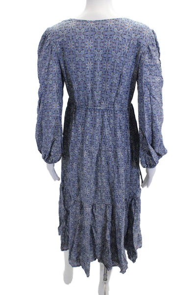 Max Studio Women Maxi Wrap Dress Blue Geometric V-Neck Long Sleeve Rayon Size S