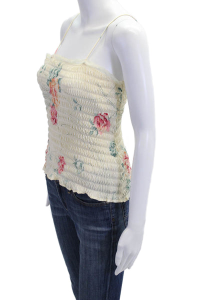 Christian Dior Womens Floral Ruched Lace Trim Sleeveless Camisole Top Beige Sz S