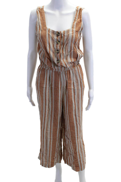 Jason Wu Women Brown Striped Sleeveless Linen Square Neck Jumpsuit Size S