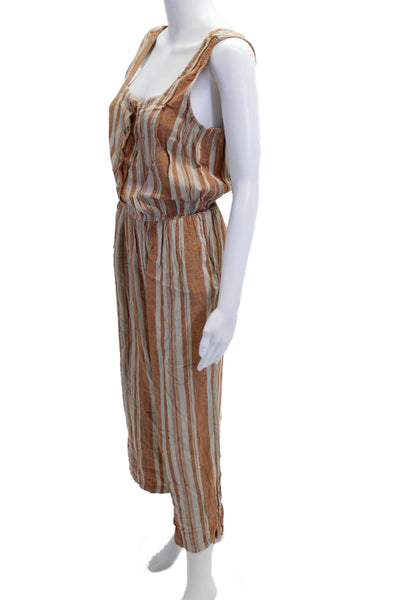 Jason Wu Women Brown Striped Sleeveless Linen Square Neck Jumpsuit Size S