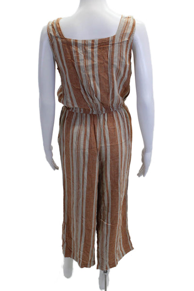 Jason Wu Women Brown Striped Sleeveless Linen Square Neck Jumpsuit Size S