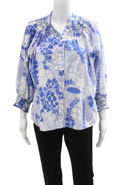 CK Bradley Women Tunic Button Up 100% Cotton Blue Geometric 3/4 Sleeve Size S