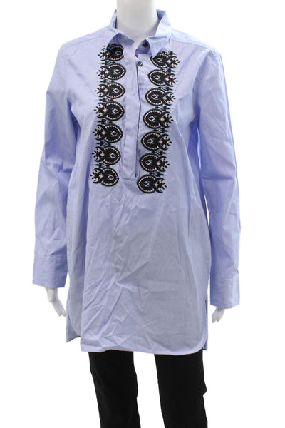 Bogner Womens Light Blue Paisley Collared Tunic Button-Up Long Sleeve Size 8