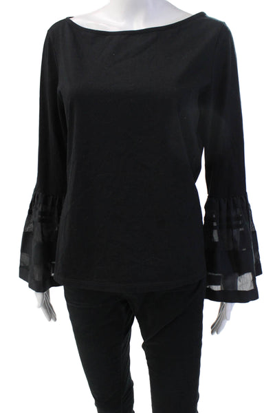 Paule Ka Womens Black Cotton Stretch Long Sleeve Round Neck Blouse Size S