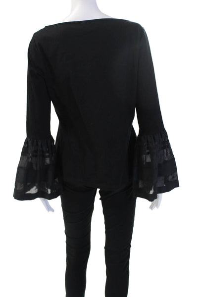 Paule Ka Womens Black Cotton Stretch Long Sleeve Round Neck Blouse Size S