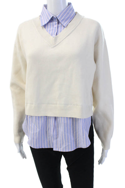 MNG Women Pullover V-Neck Button Beige 100% Cotton Long Sleeve Size S
