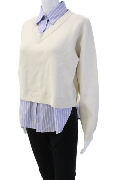 MNG Women Pullover V-Neck Button Beige 100% Cotton Long Sleeve Size S