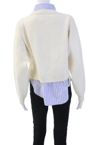 MNG Women Pullover V-Neck Button Beige 100% Cotton Long Sleeve Size S