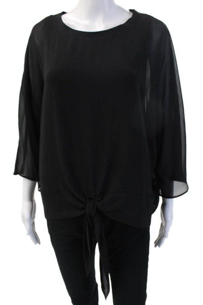 Zara Women Blouse Black Round Neck Tie 3/4 Sleeve Polyester Size M