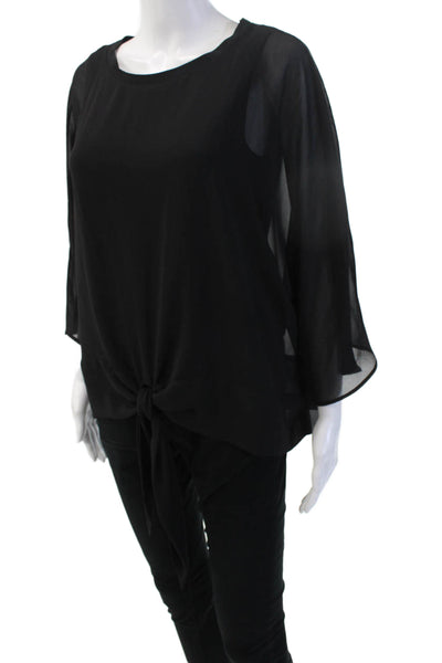 Zara Women Blouse Black Round Neck Tie 3/4 Sleeve Polyester Size M