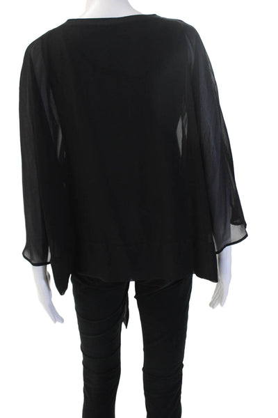 Zara Women Blouse Black Round Neck Tie 3/4 Sleeve Polyester Size M