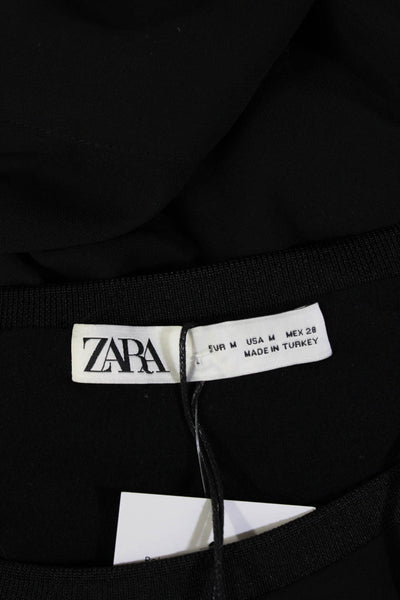 Zara Women Blouse Black Round Neck Tie 3/4 Sleeve Polyester Size M