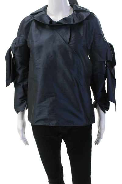 Tish Cox Womens Designer Dark Blue Silk Blend Long Sleeve Blouse Size 2XS