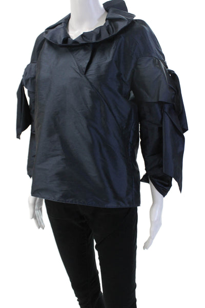 Tish Cox Womens Designer Dark Blue Silk Blend Long Sleeve Blouse Size 2XS