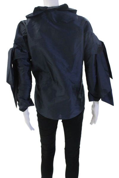 Tish Cox Womens Designer Dark Blue Silk Blend Long Sleeve Blouse Size 2XS