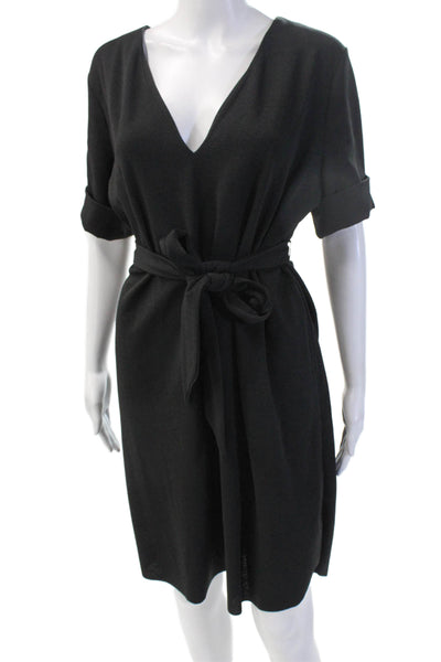 Zara Womens Shirt Dress Black V Neck Short Sleeve Tie Knee Length Size L