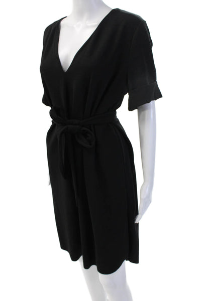 Zara Womens Shirt Dress Black V Neck Short Sleeve Tie Knee Length Size L