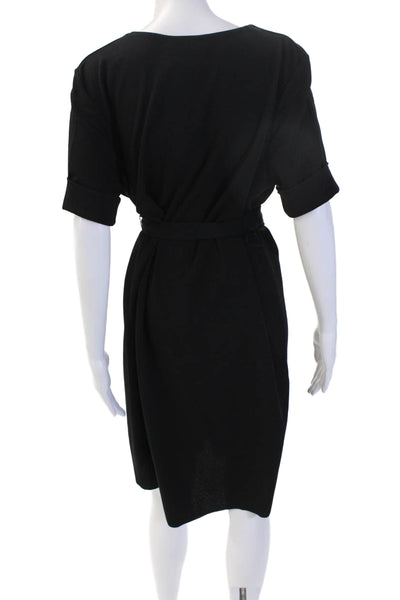 Zara Womens Shirt Dress Black V Neck Short Sleeve Tie Knee Length Size L