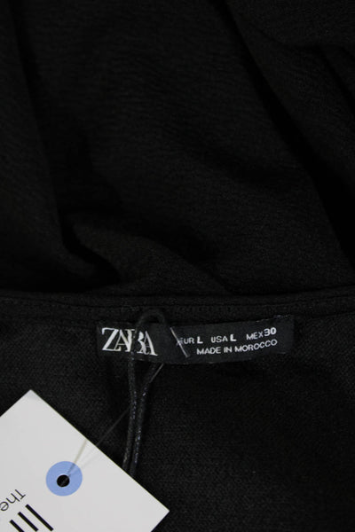 Zara Womens Shirt Dress Black V Neck Short Sleeve Tie Knee Length Size L