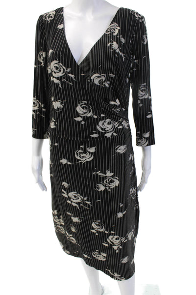 David Meister Womens Black Wrap Dress Long 3/4 Sleeve V Neck Size 12