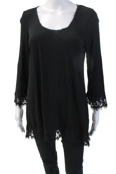 Max Studio Women Tunic Black 3/4 Sleeve Round Neck Rayon Solid Bohemian Size L