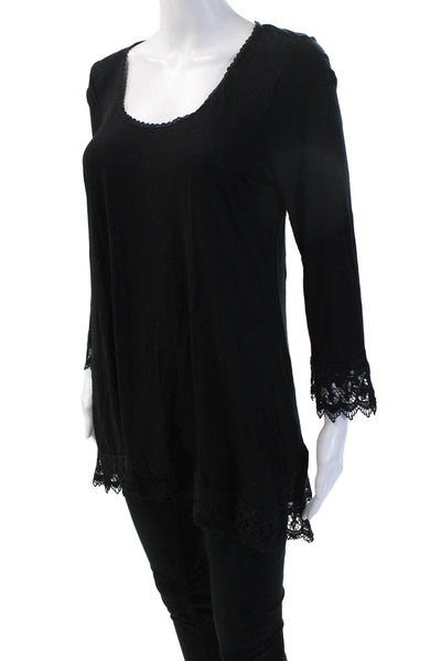 Max Studio Women Tunic Black 3/4 Sleeve Round Neck Rayon Solid Bohemian Size L