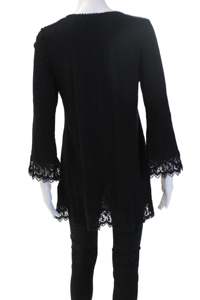 Max Studio Women Tunic Black 3/4 Sleeve Round Neck Rayon Solid Bohemian Size L