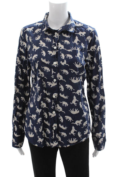 J Crew Womens Dark Blue Animal Print Button-Up Long Sleeve Cotton Size M