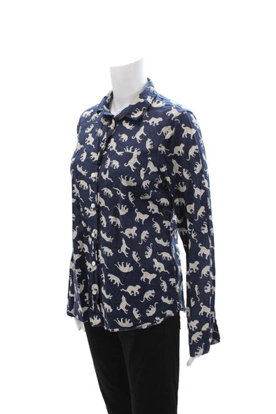 J Crew Womens Dark Blue Animal Print Button-Up Long Sleeve Cotton Size M