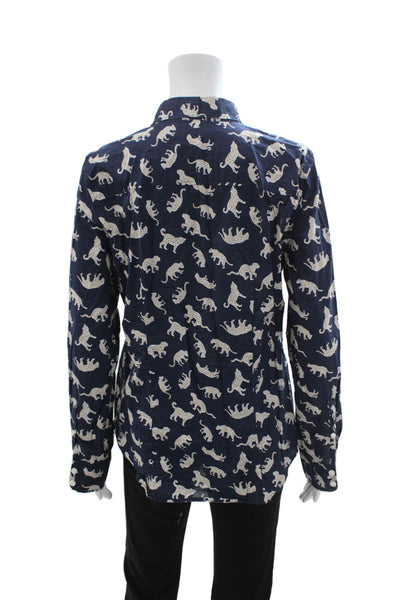 J Crew Womens Dark Blue Animal Print Button-Up Long Sleeve Cotton Size M