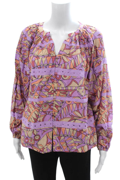 Let Me Be Women Tunic V-Neck Geometric Beige Long Sleeve Button Up Size S
