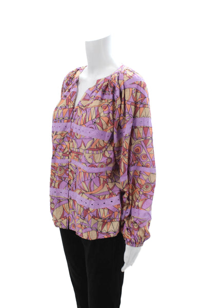 Let Me Be Women Tunic V-Neck Geometric Beige Long Sleeve Button Up Size S