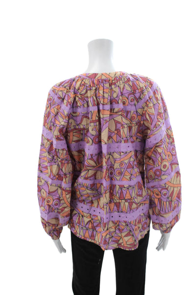 Let Me Be Women Tunic V-Neck Geometric Beige Long Sleeve Button Up Size S