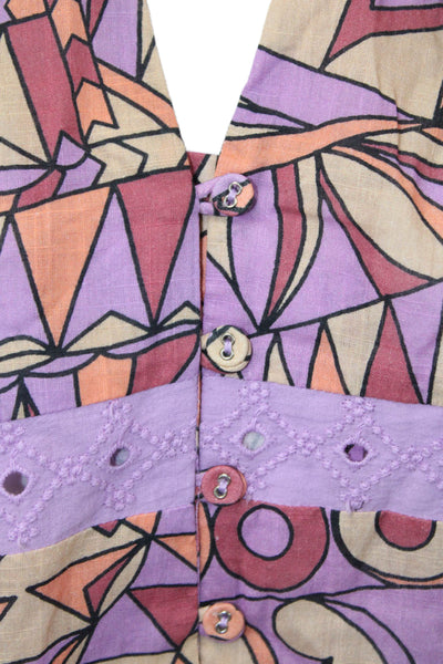 Let Me Be Women Tunic V-Neck Geometric Beige Long Sleeve Button Up Size S
