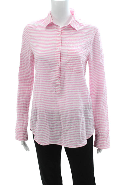 J Crew Women Collared Striped Button-Up Linen Blend Long Sleeve Top Size 4