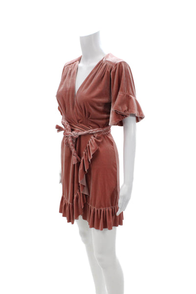 Misa Women Wrap Mini Dress Brown V-Neck Short Sleeve 100% Viscose Size XS