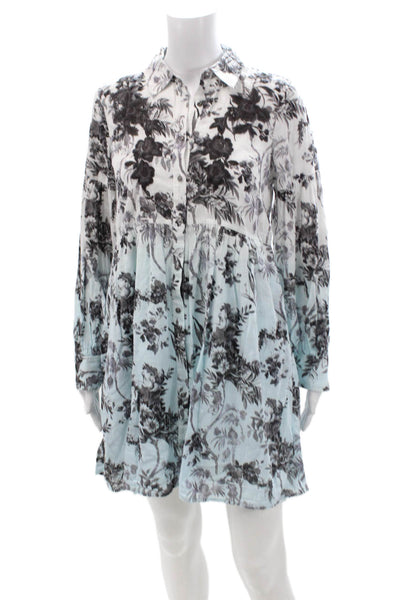 Anthropologie Womens Black Floral Cotton Long Sleeve Shirt Dress Size 2