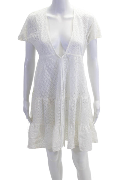 Shoshanna Women White Floral V-Neck Short Sleeve Cover-up Drawstring Size S